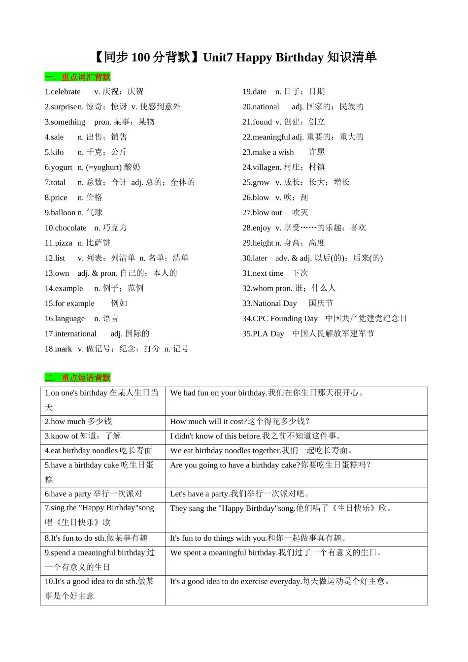 25秋新人教版英语七年级上册 Unit7 Happy Birthday 知识清单（背诵版）_第1页