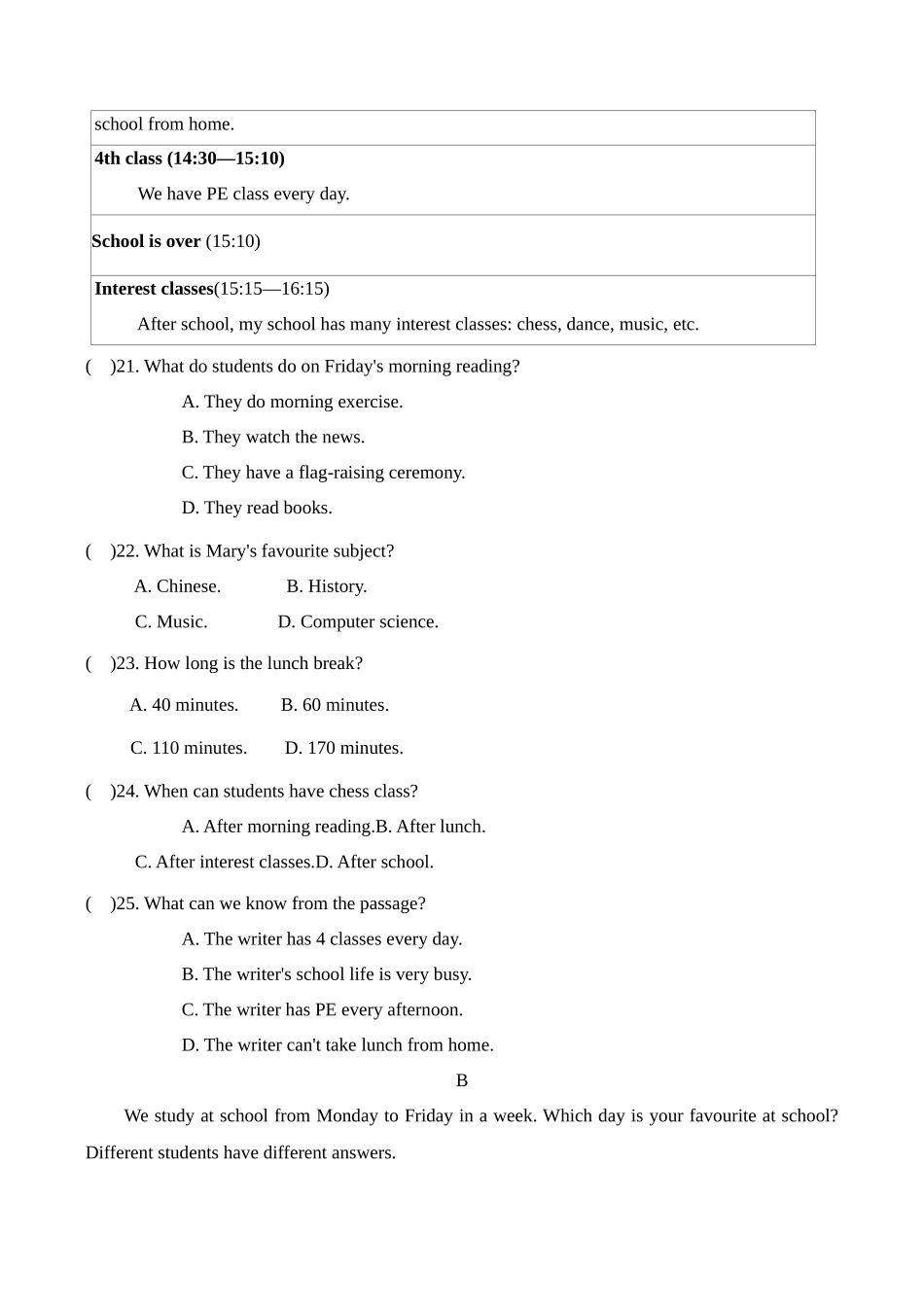 2024-2025学年新人教版七年级英语上册Unit4My Favourite Subject -单元提升检测卷（附答案）_第3页