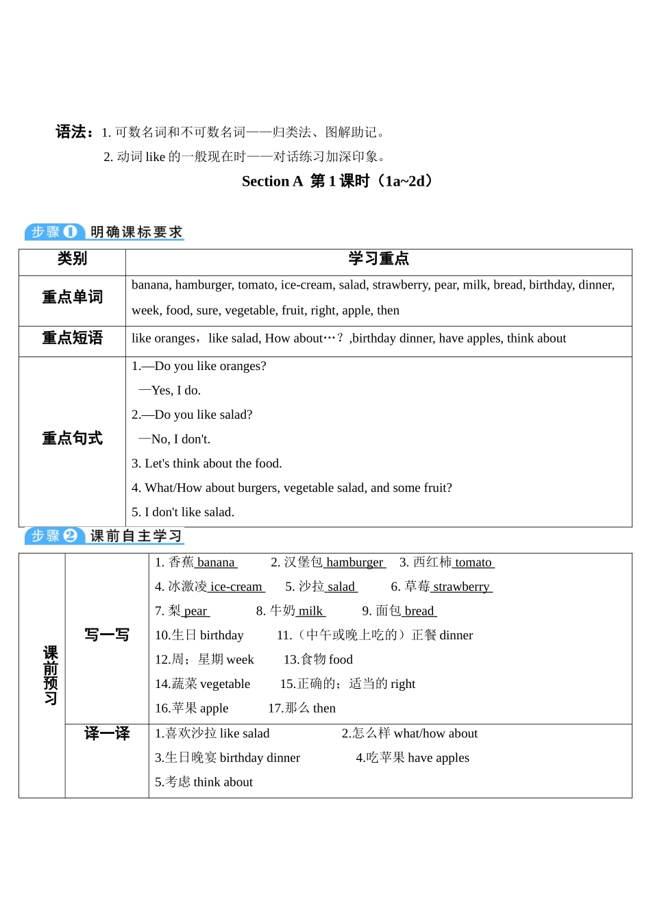 （25秋）新人教版英语七年级上册Unit6  教案（共5课时）_第3页