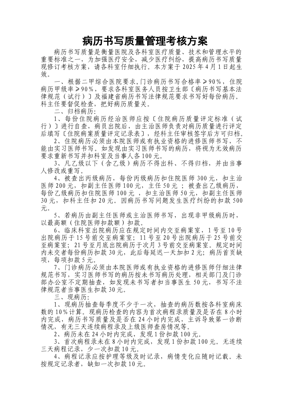 病历书写质量管理考核方案2025_第1页
