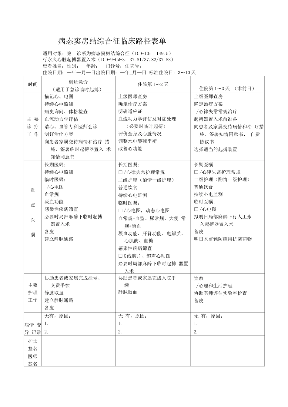 病态窦房结综合征临床路径表单_第1页