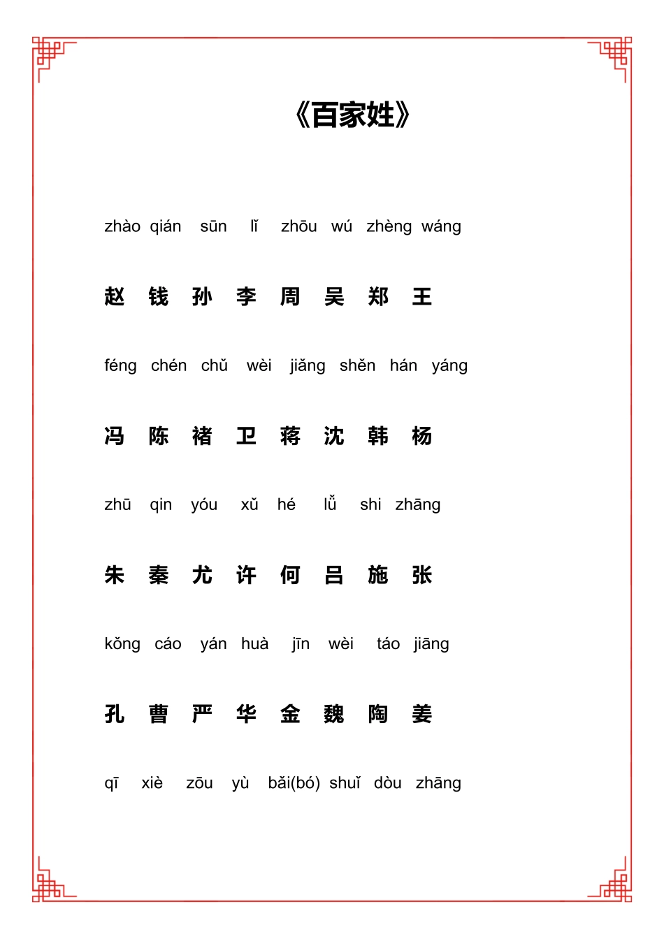 百家姓全文带拼音A打印版百家姓注音版_第1页