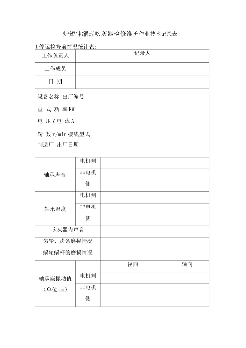 短伸缩式吹灰器检修维护作业技术记录表_第1页