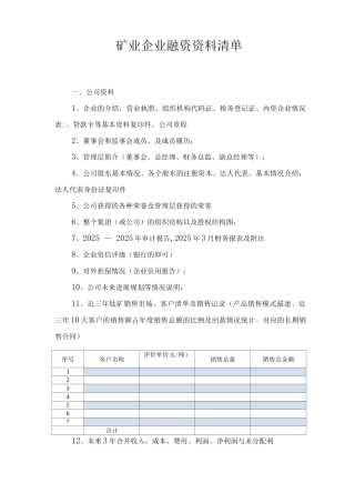 矿业企业融资所需资料清单