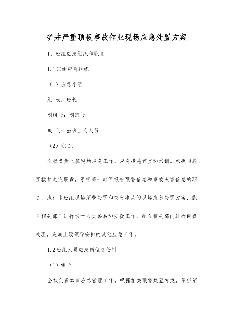 矿井严重顶板事故作业现场应急处置方案_第1页