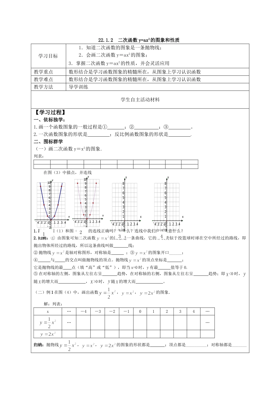 【2025年秋季】人教九年级数学上册22.1.2  二次函数y=ax2的图象和性质-名师学案_第1页