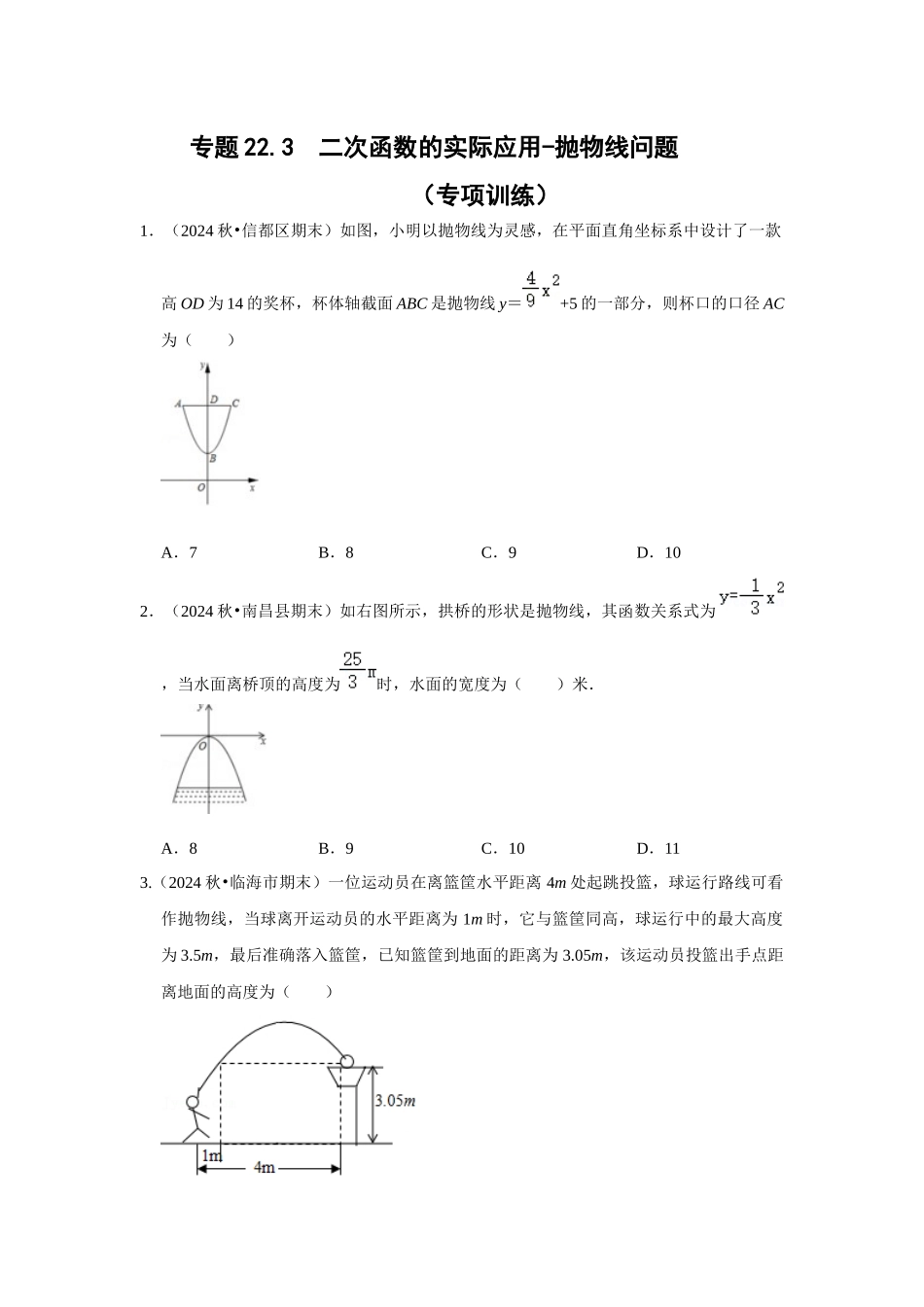 25-26学年人教九年级数学上册专项训练测试-专题22.3  二次函数的实际应用-抛物线问题（附名师详解）_第1页