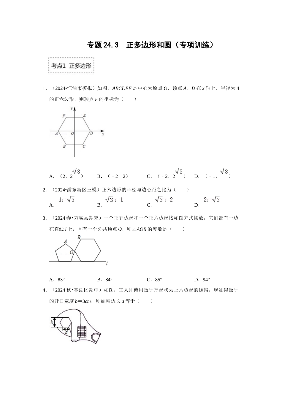 25-26学年人教九年级数学上册专项训练测试-专题24.3 正多边形和圆（附名师详解）_第1页