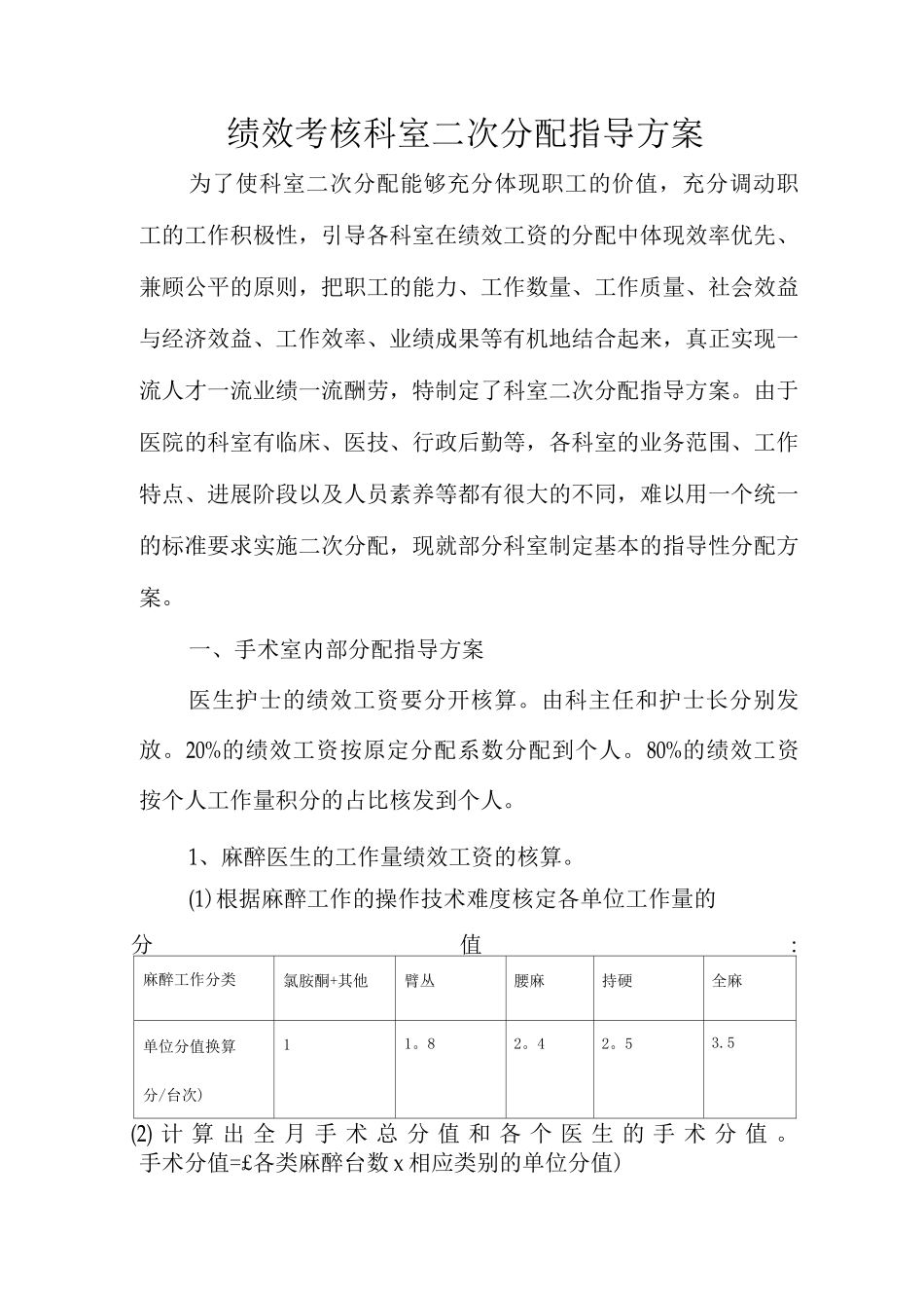 绩效考核科室二次分配指导方案_第1页