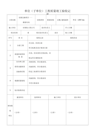 维修车间单位子单位工程质量竣工验收记录