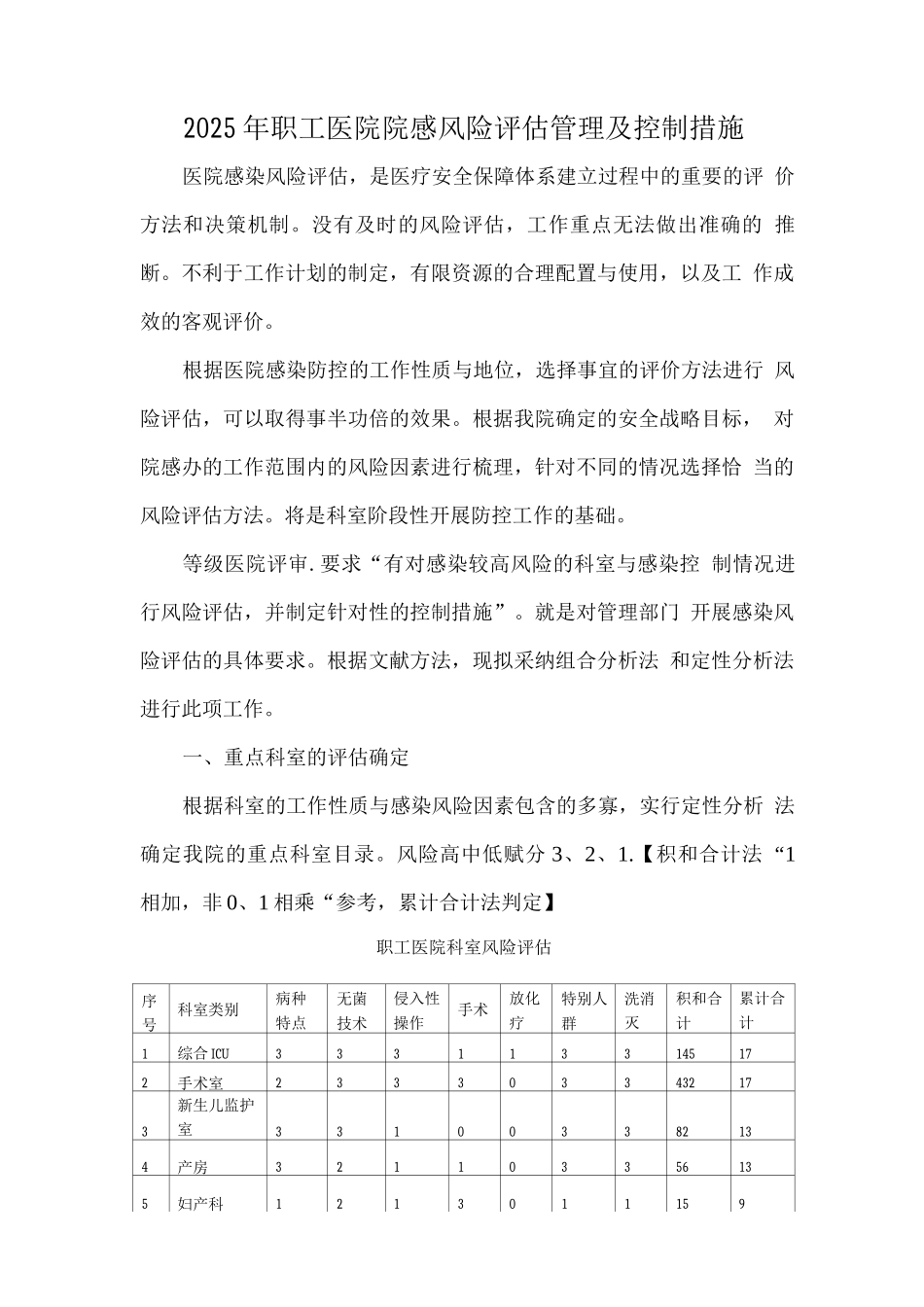 职工医院院感风险评估管理及控制措施_第1页