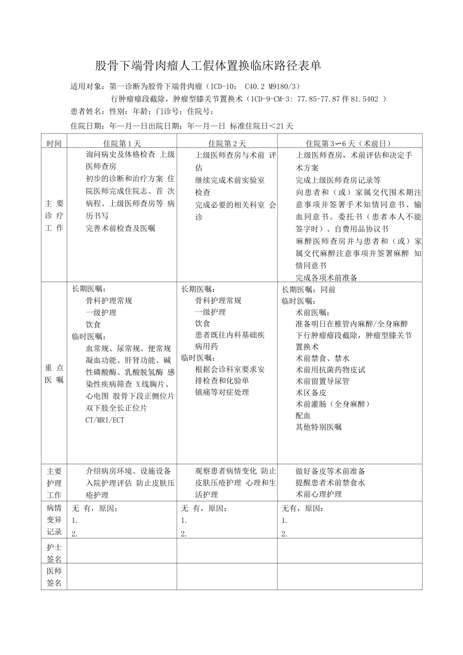 股骨下端骨肉瘤人工假体置换临床路径表单_第1页
