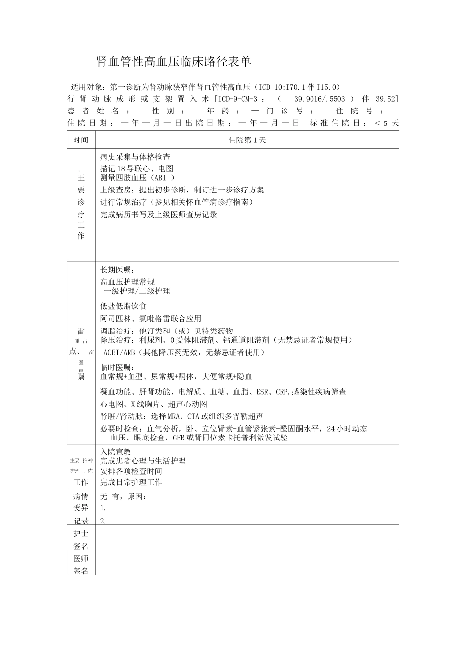 肾血管性高血压临床路径表单_第1页