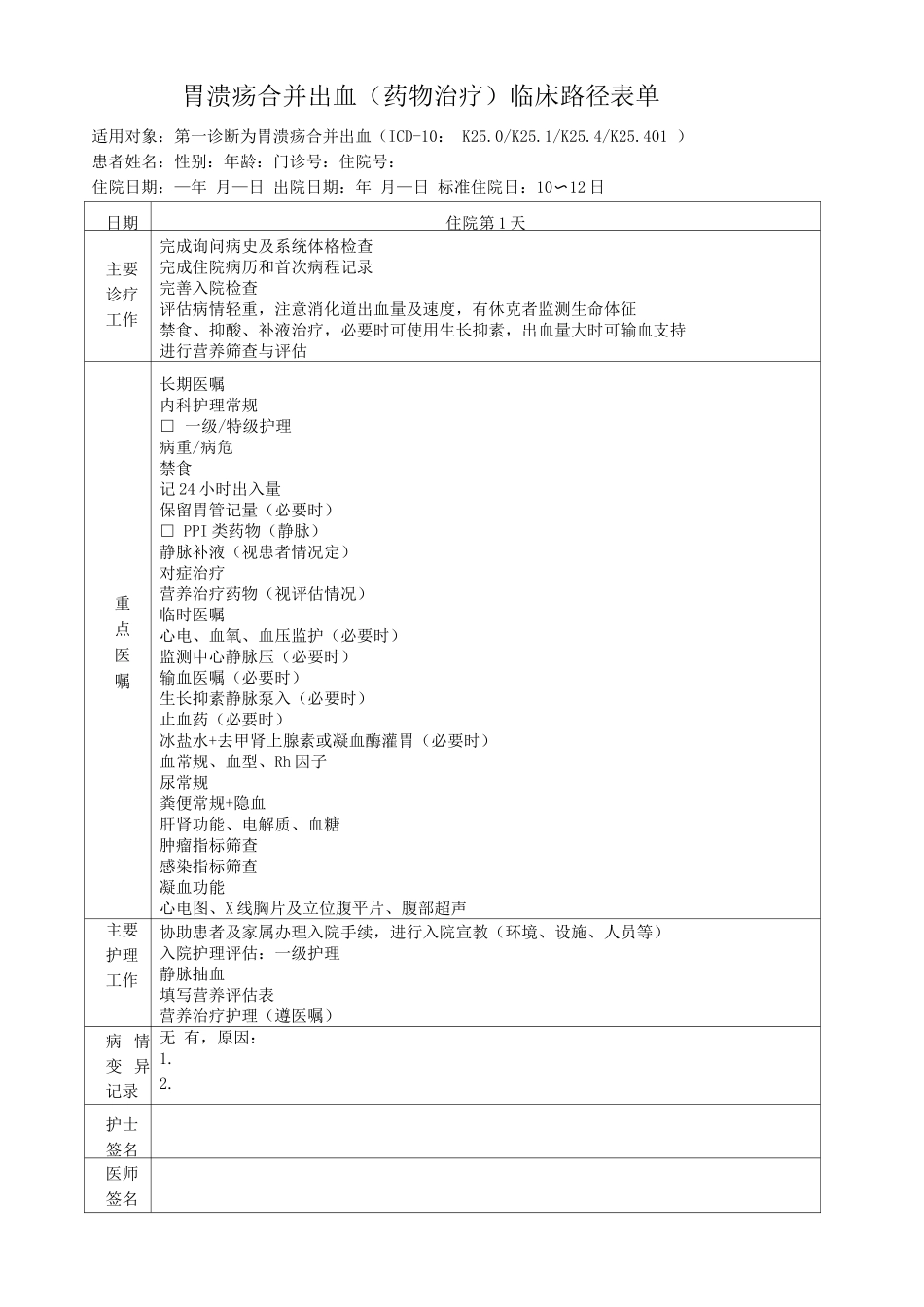 胃溃疡合并出血临床路径表单_第1页