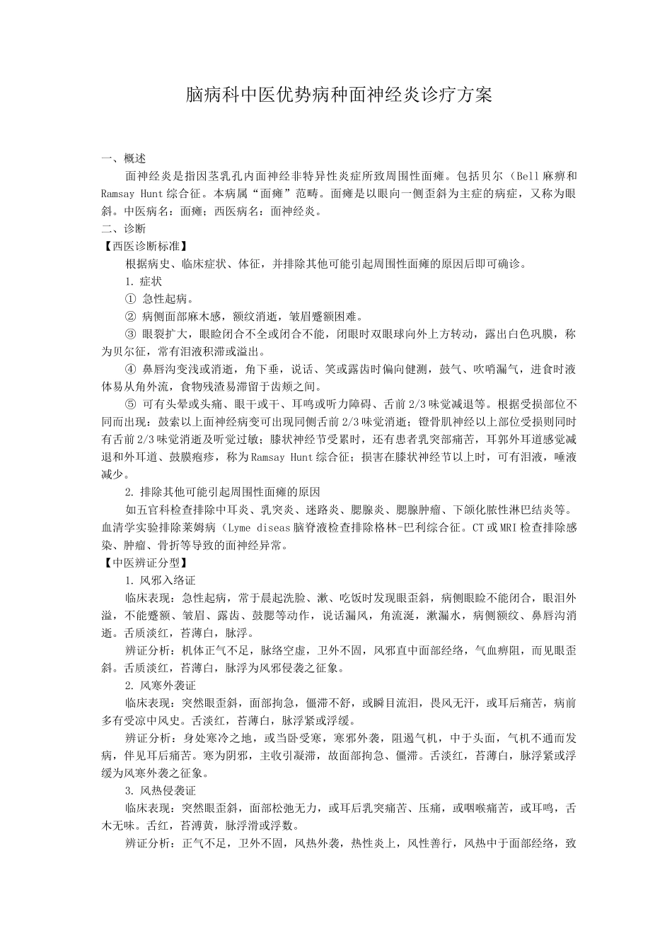 脑病科中医优势病种面神经炎诊疗方案_第1页