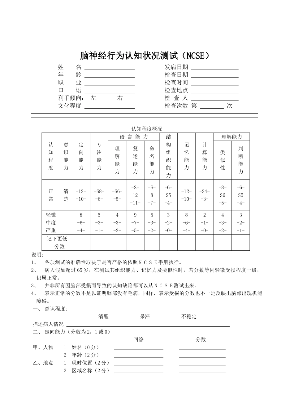 脑神经行为认知状况测试NCSE_第1页