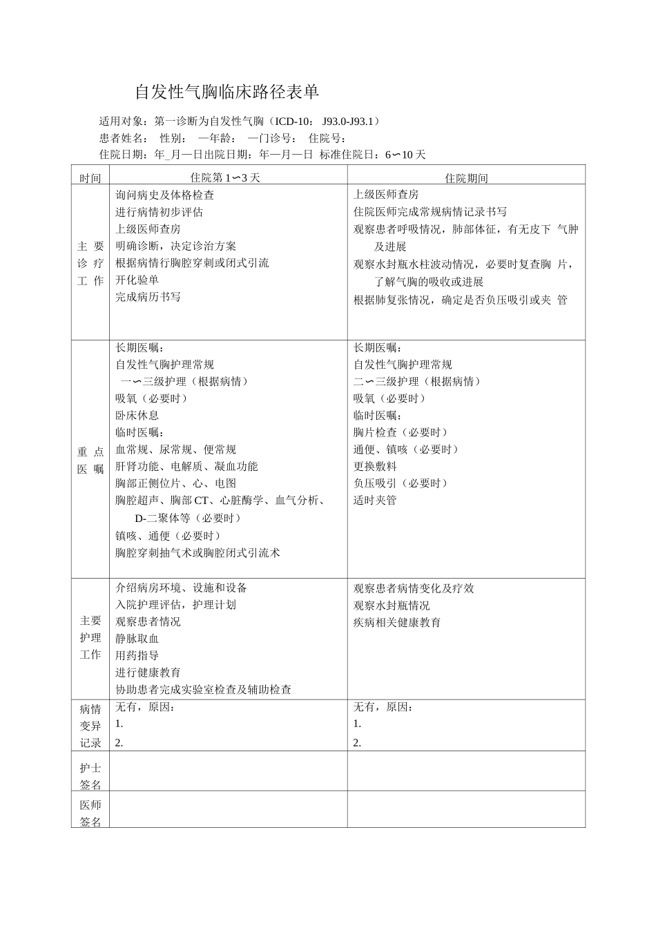 自发性气胸临床路径表单_第1页