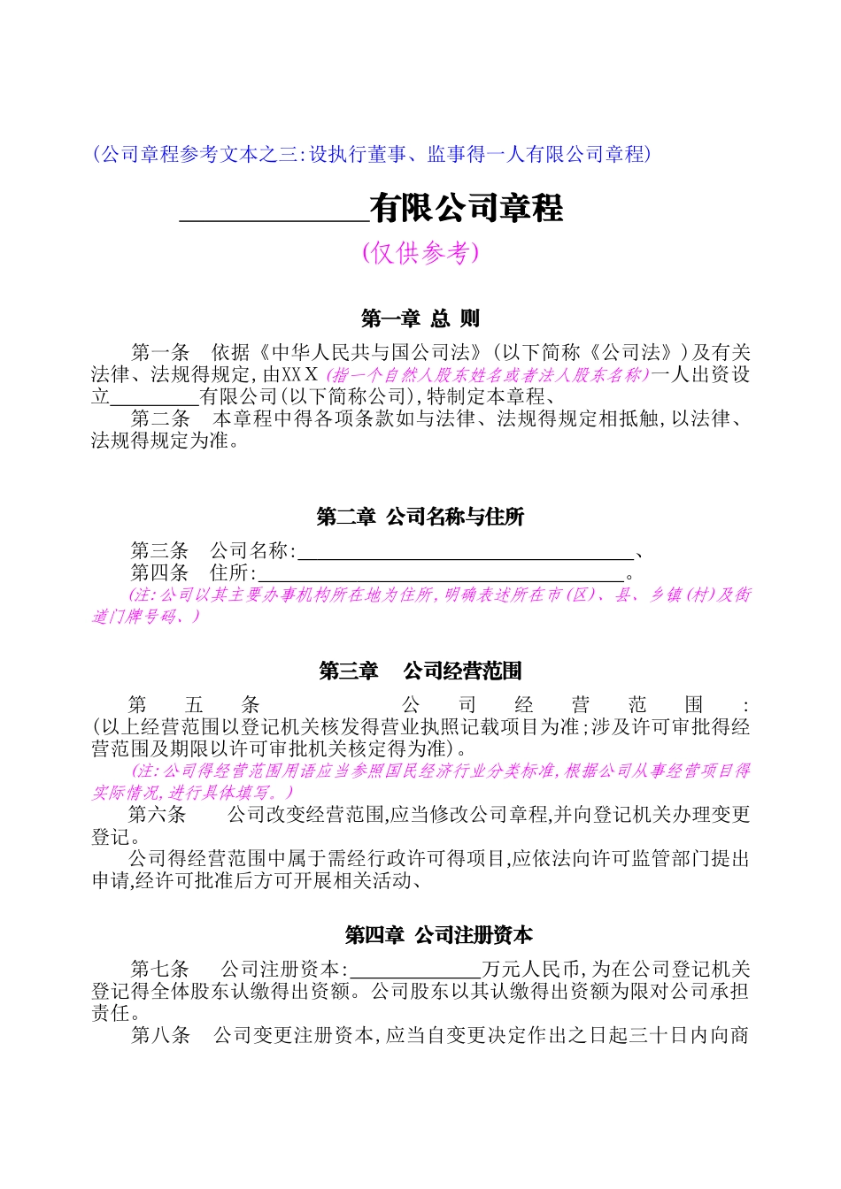 自然人独资公司章程范本_第1页