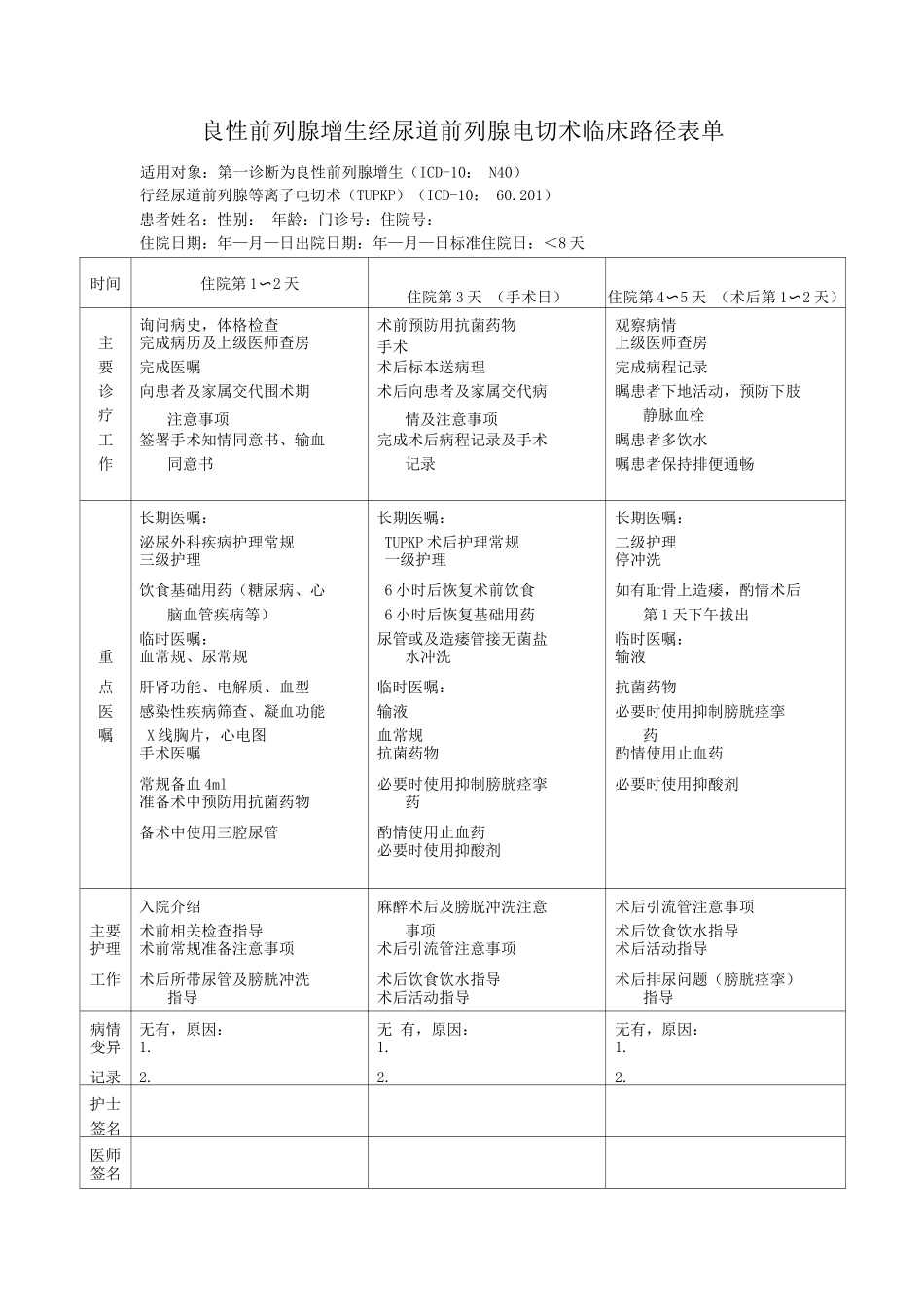 良性前列腺增生经尿道前列腺电切术临床路径表单_第1页