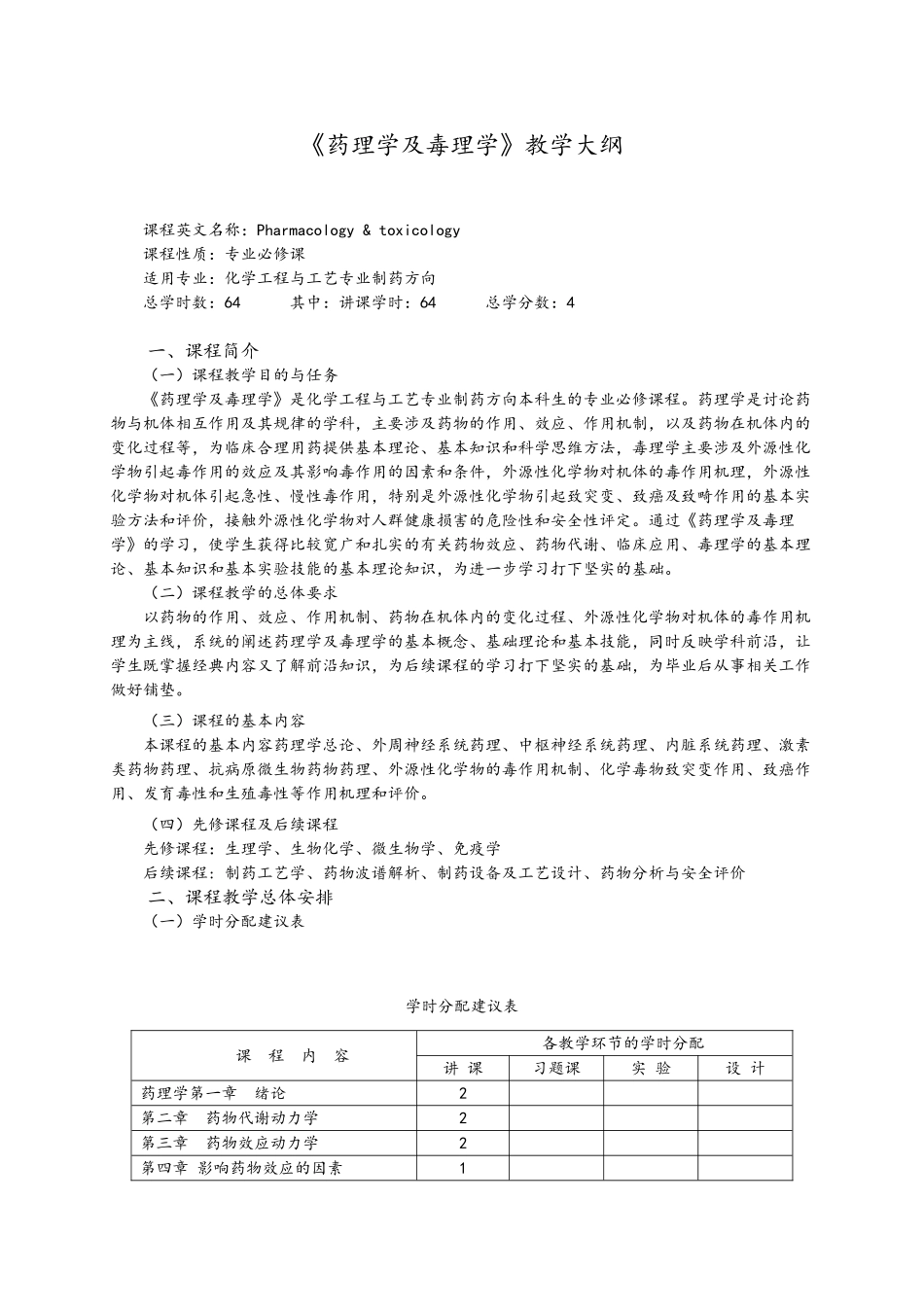 药理学及毒理学教学大纲_第1页