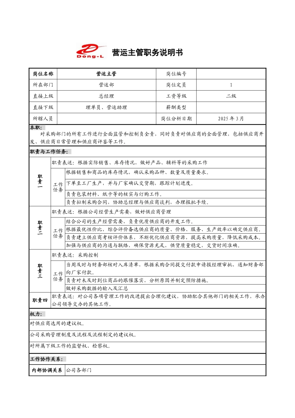 营运主管岗位职责说明书_第1页