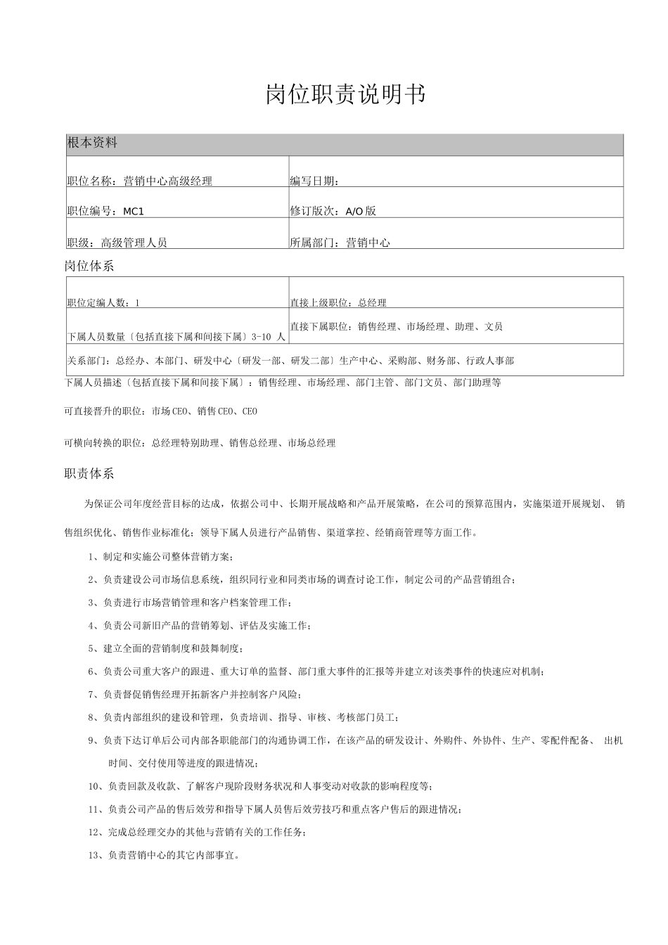 营销中心高级经理职责说明书_第1页