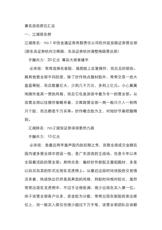 著名游资席位汇总