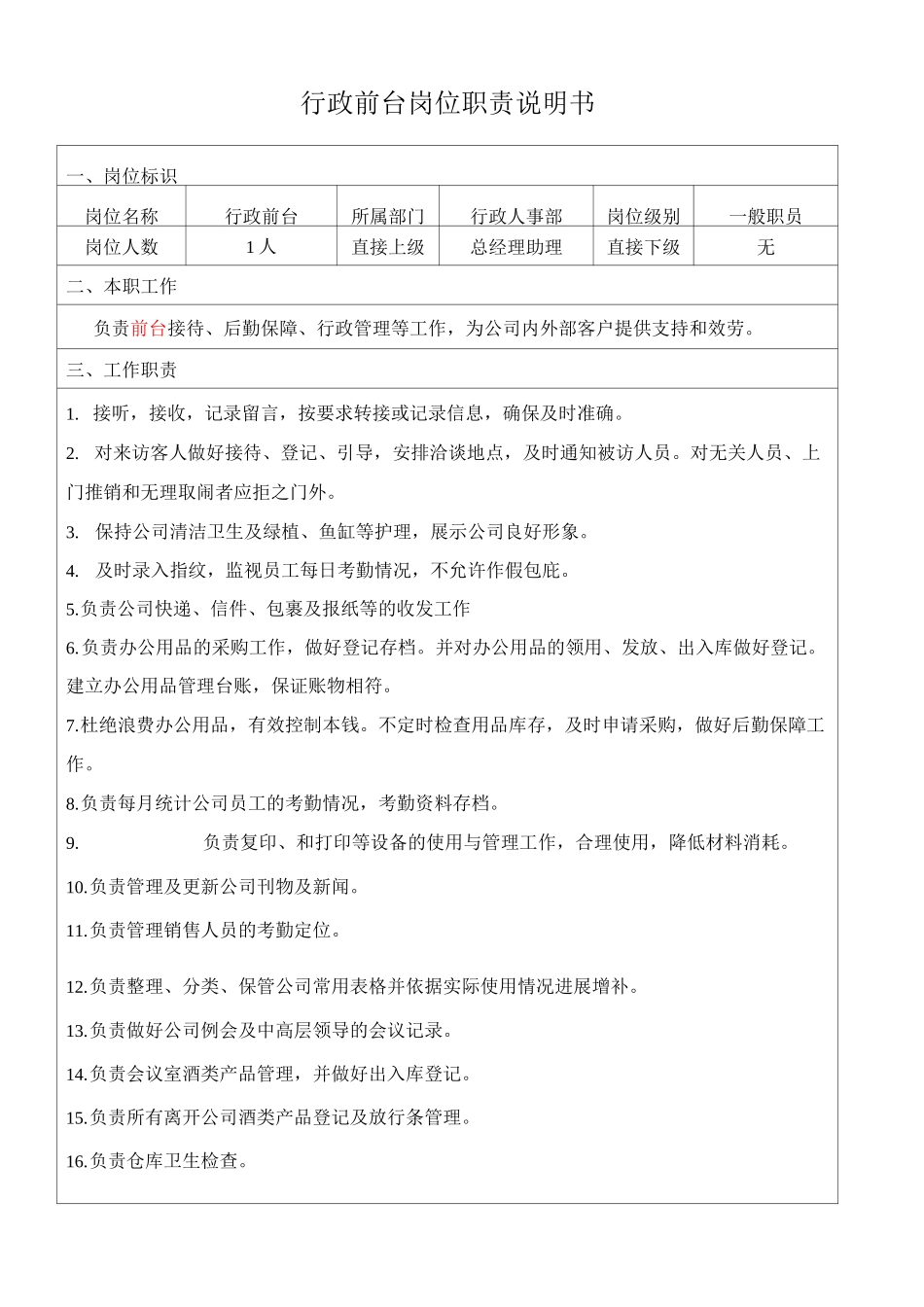 行政前台岗位职责及绩效考核_第1页