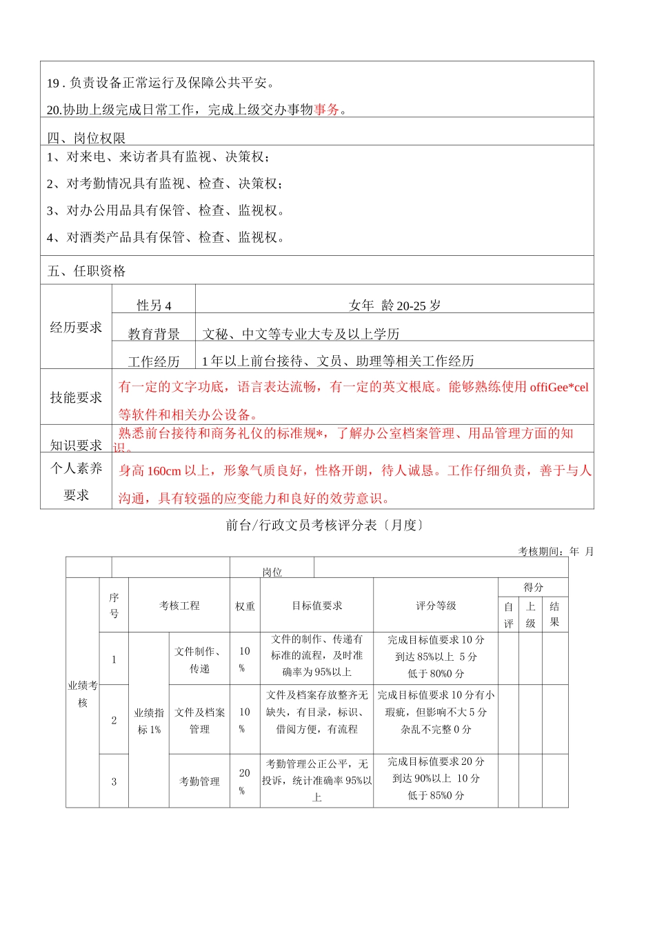 行政前台岗位职责及绩效考核_第2页