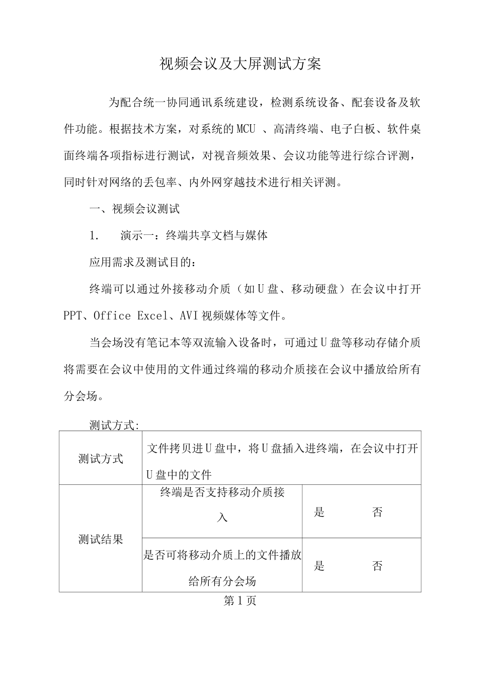 视频会议及大屏测试方案_第1页