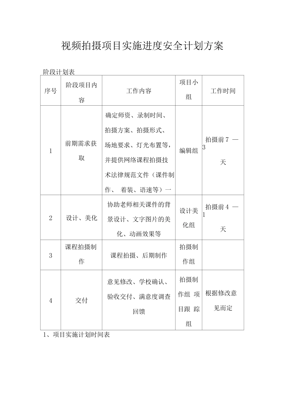 视频拍摄项目实施进度安全计划方案_第1页