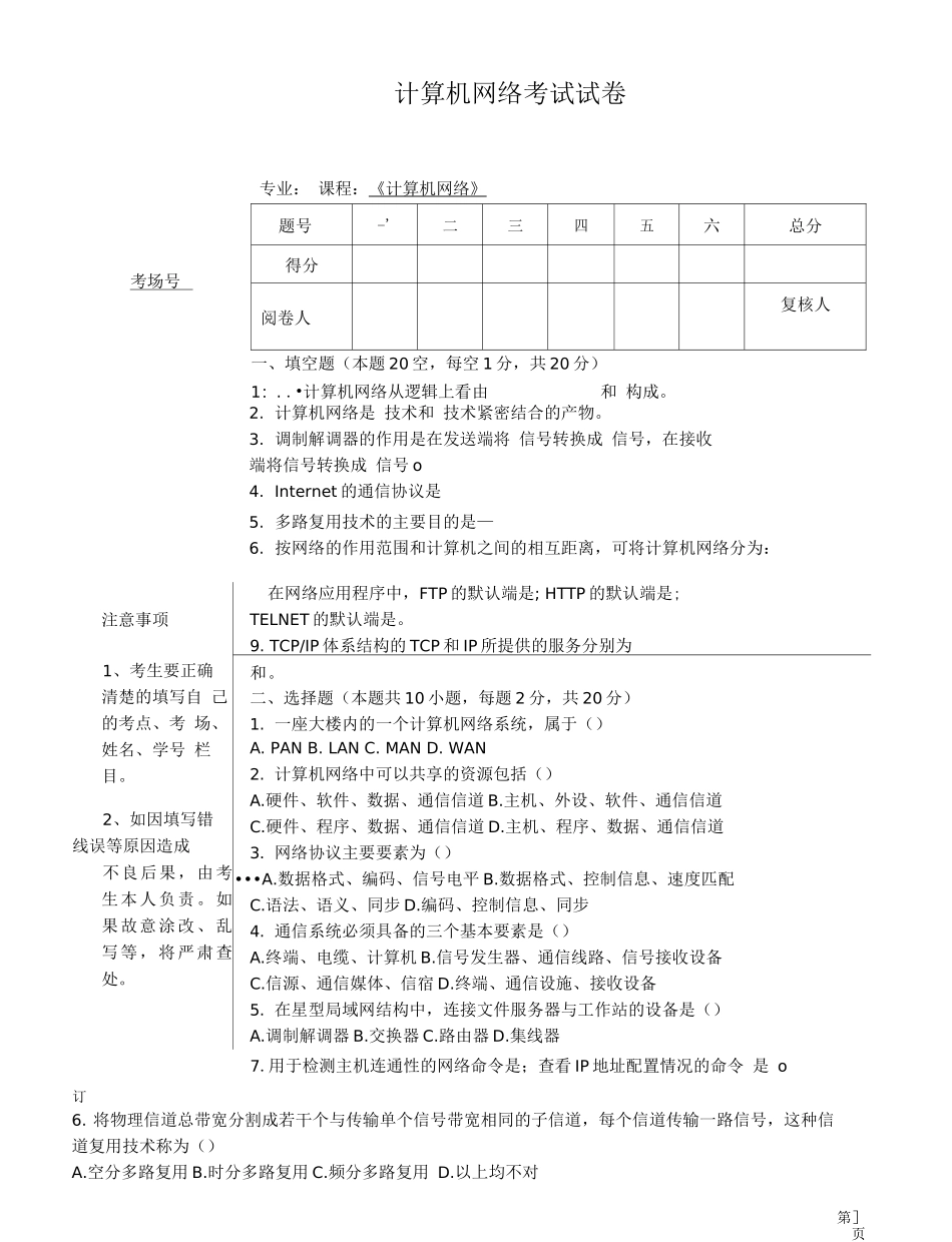 计算机网络技术考试练习题带答案_第1页