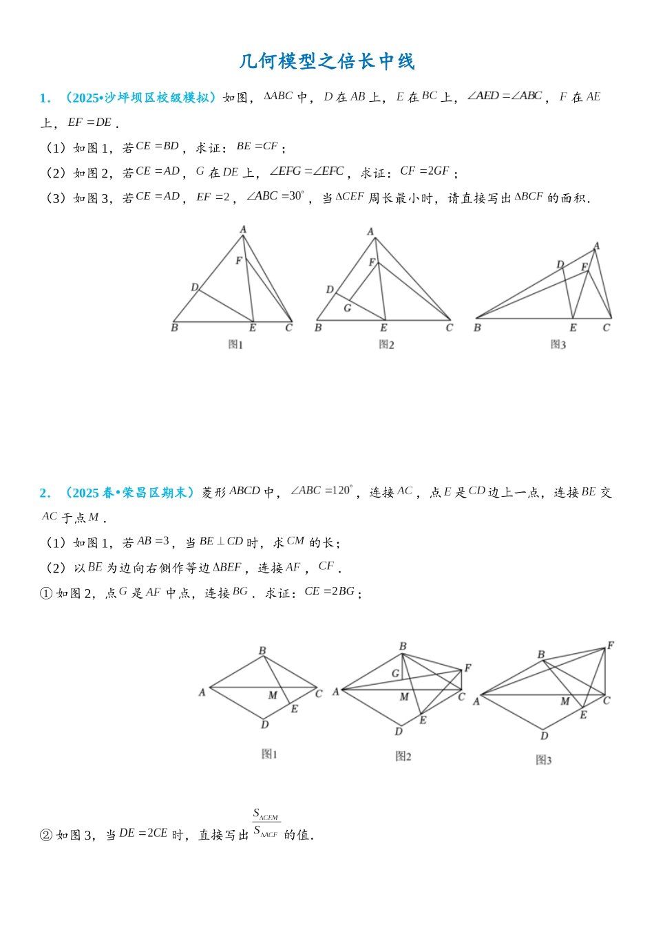 2026年中考数学压轴题专项练习-倍长中线（学生版+名师详解版）_第1页
