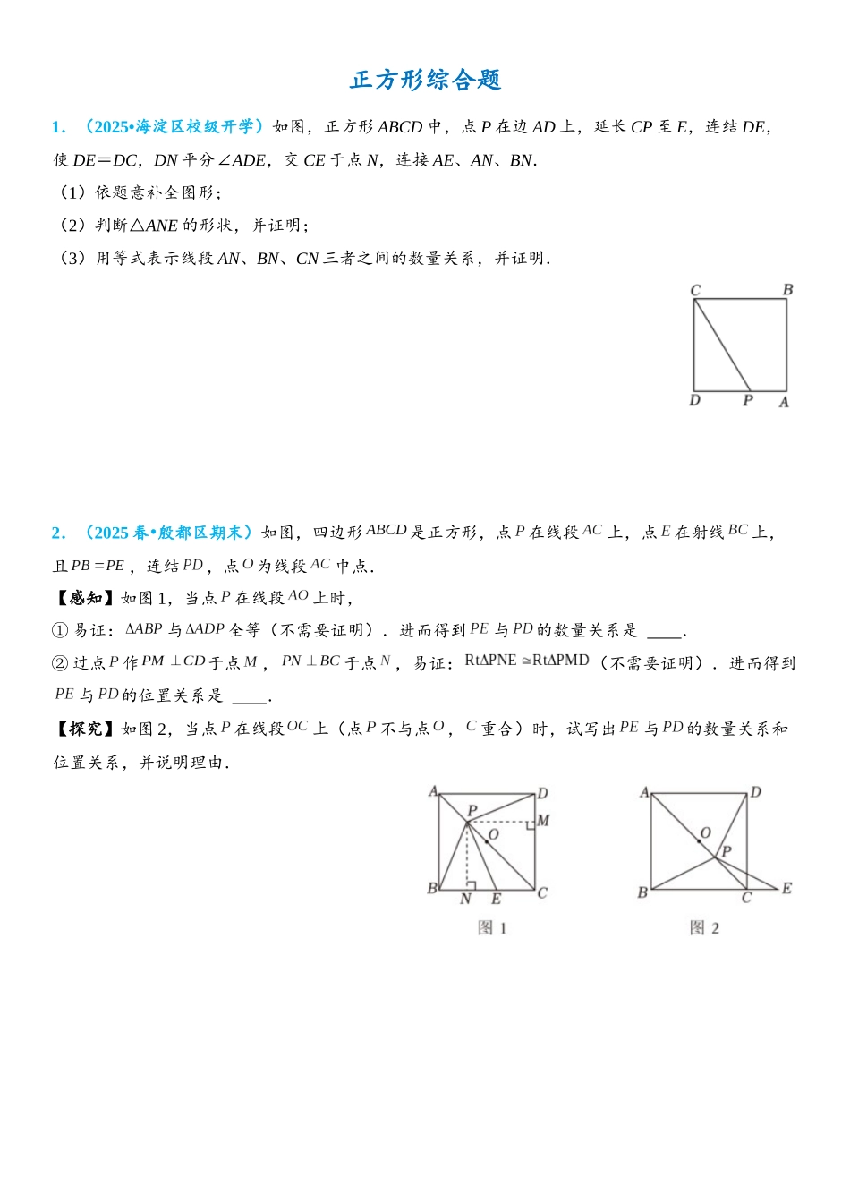 2026年中考数学压轴题专项练习-正方形综合题（学生版+名师详解版）_第1页