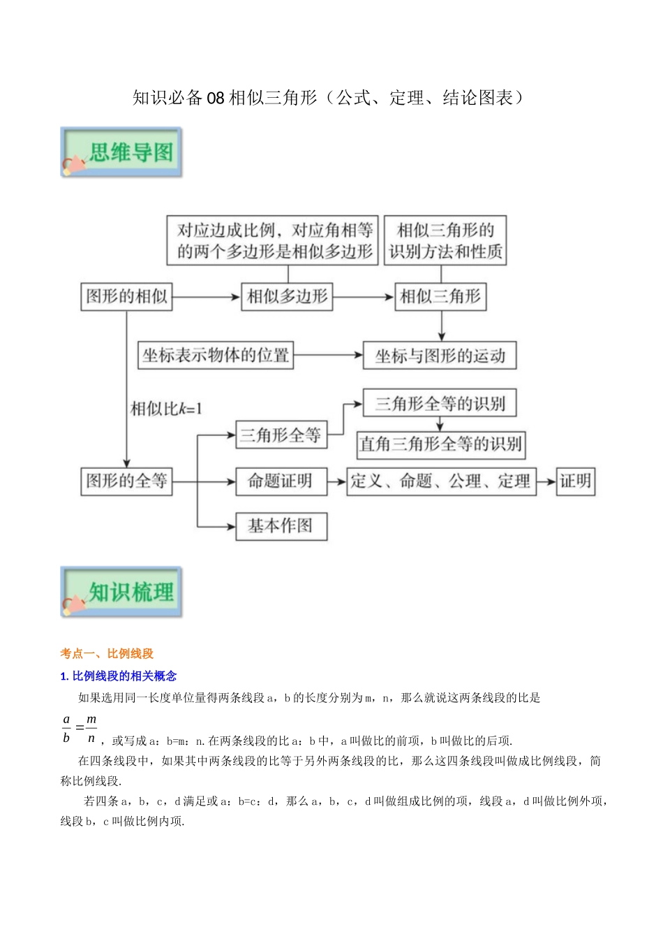 【口袋书】2026年中考数学必背知识手册-知识必备08 相似三角形（公式、定理、结论图表）_第1页