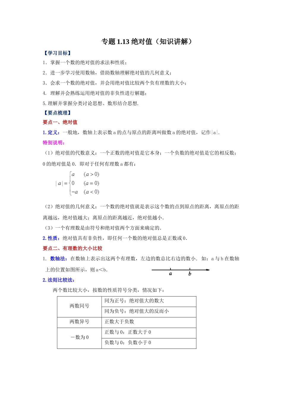 25秋人教七年级数学上册专项讲练1.13 绝对值（知识讲解）【附详解】_第1页