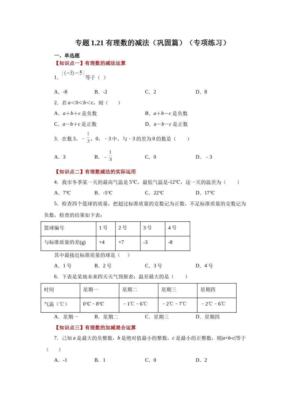 25秋人教七年级数学上册专项讲练1.21 有理数的减法（巩固篇）（专项练习）【附详解】_第1页