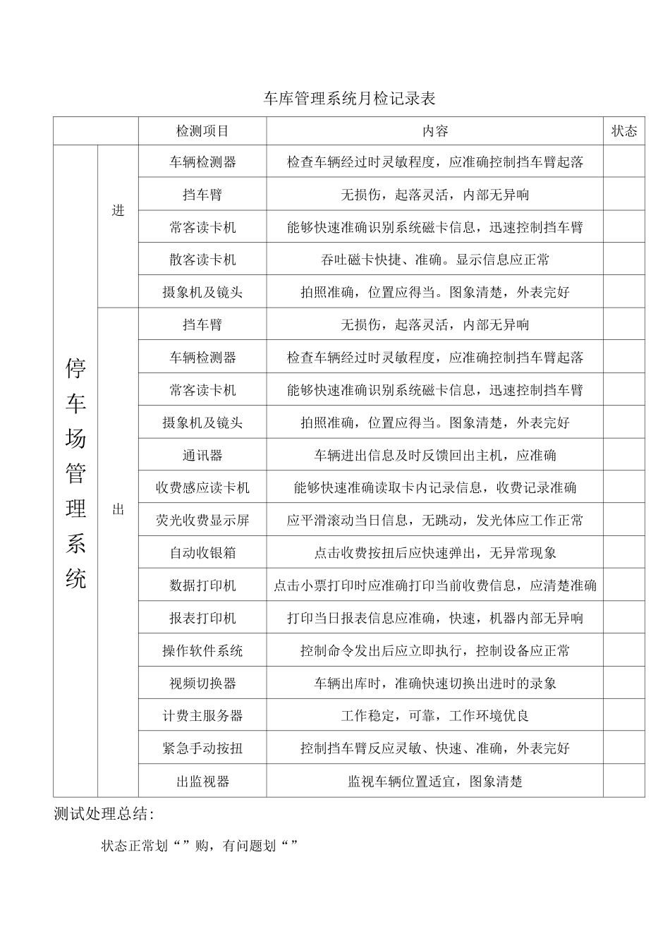 车库管理系统月检表_第1页