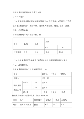 轻钢龙骨石膏板隔墙工程施工方案