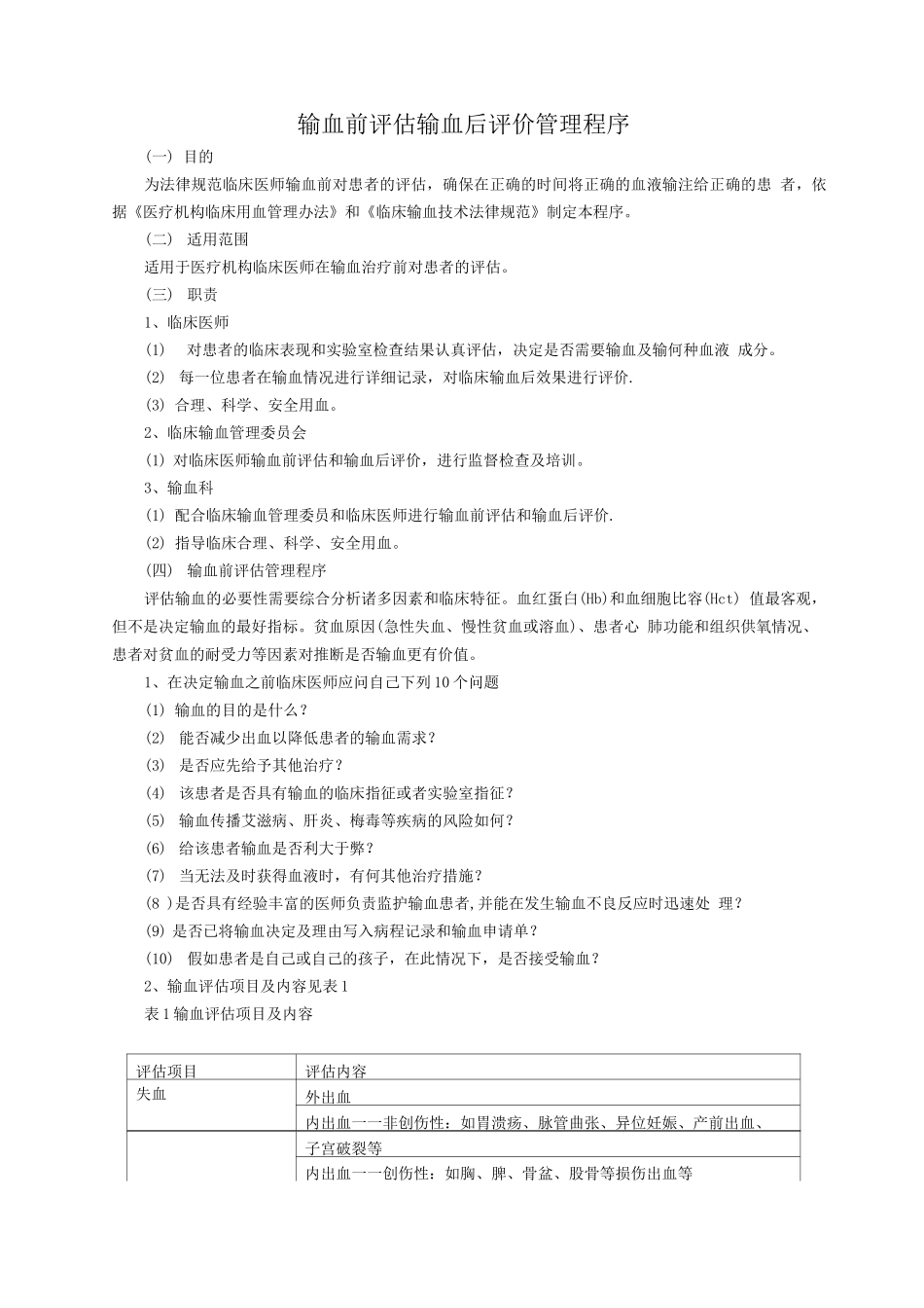输血前评估输血后评价管理程序_第1页