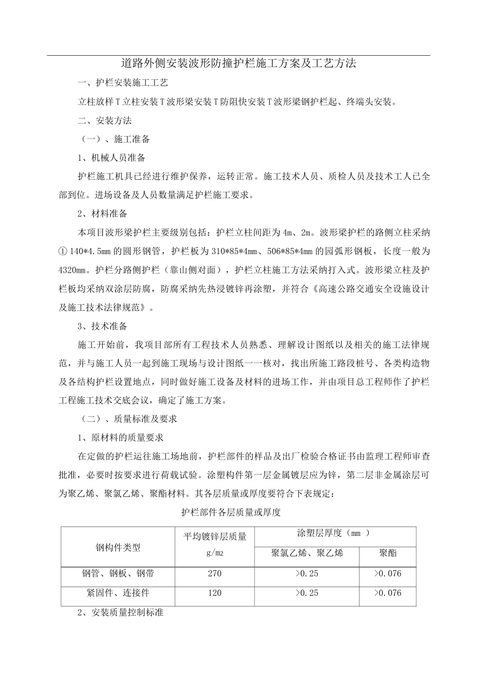 道路外侧安装波形防撞护栏施工方案及工艺方法_第1页