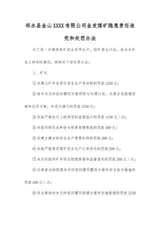 邻水县金山煤业有限公司金发煤矿隐患责任追究和处罚办法