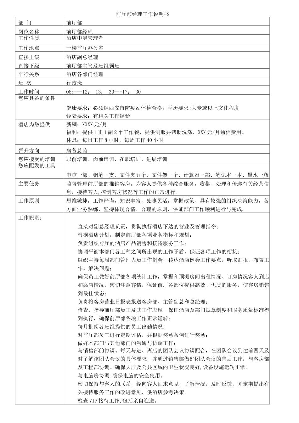 酒店前厅部经理工作说明书_第1页