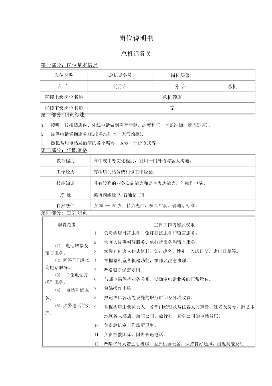 酒店岗位说明书-_第1页