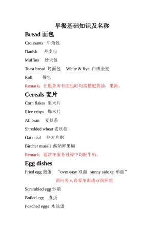 酒店早餐基础知识及名称