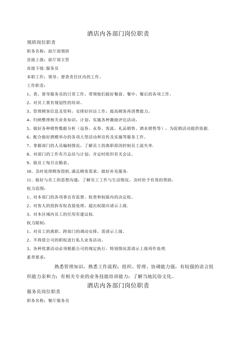 酒店部门岗位职责_第1页