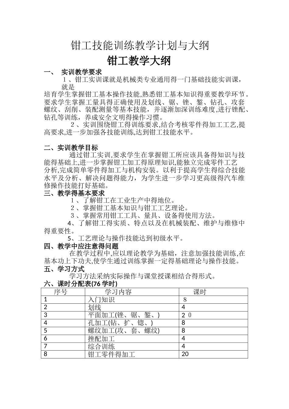 钳工技能训练教学计划与大纲_第1页