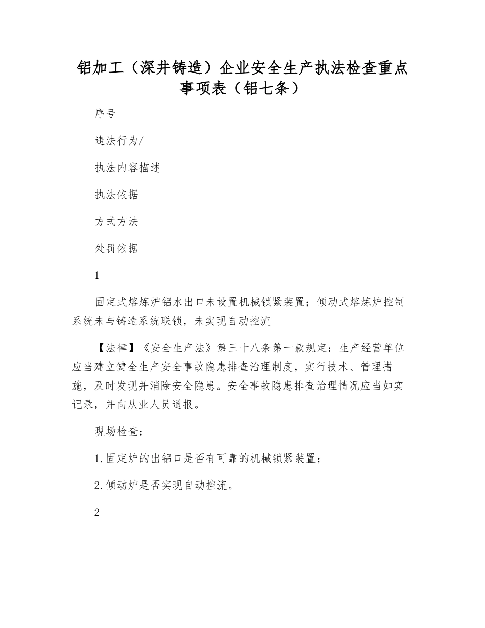 铝加工企业安全生产执法检查重点事项表_第1页