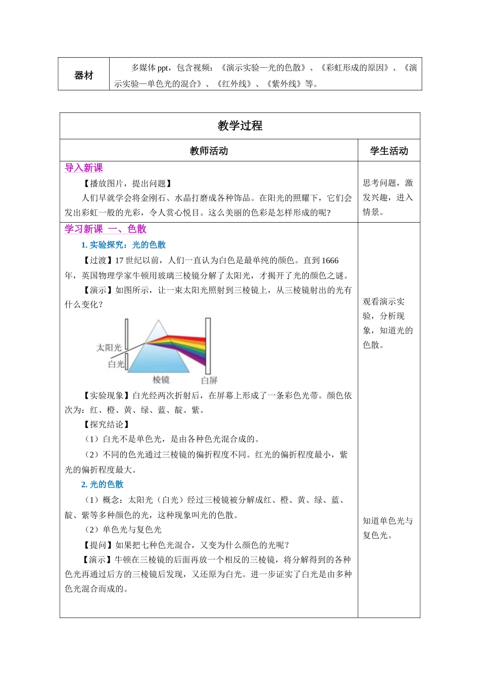  25秋人教八年级物理上册高效课堂4.5+光的色散（教学设计）_第2页