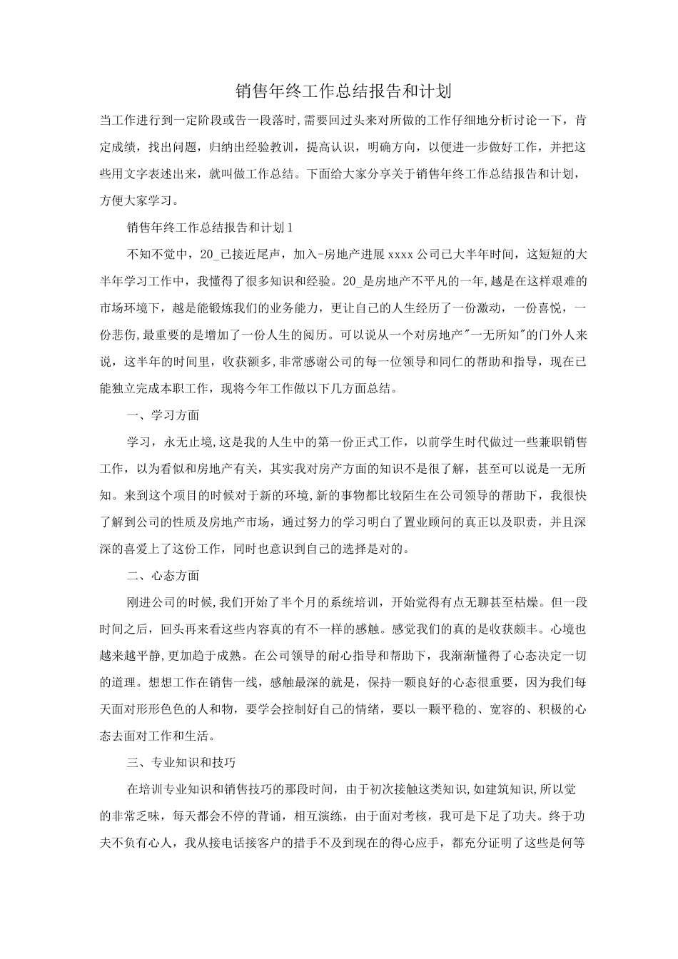 销售年终工作总结报告和计划_第1页